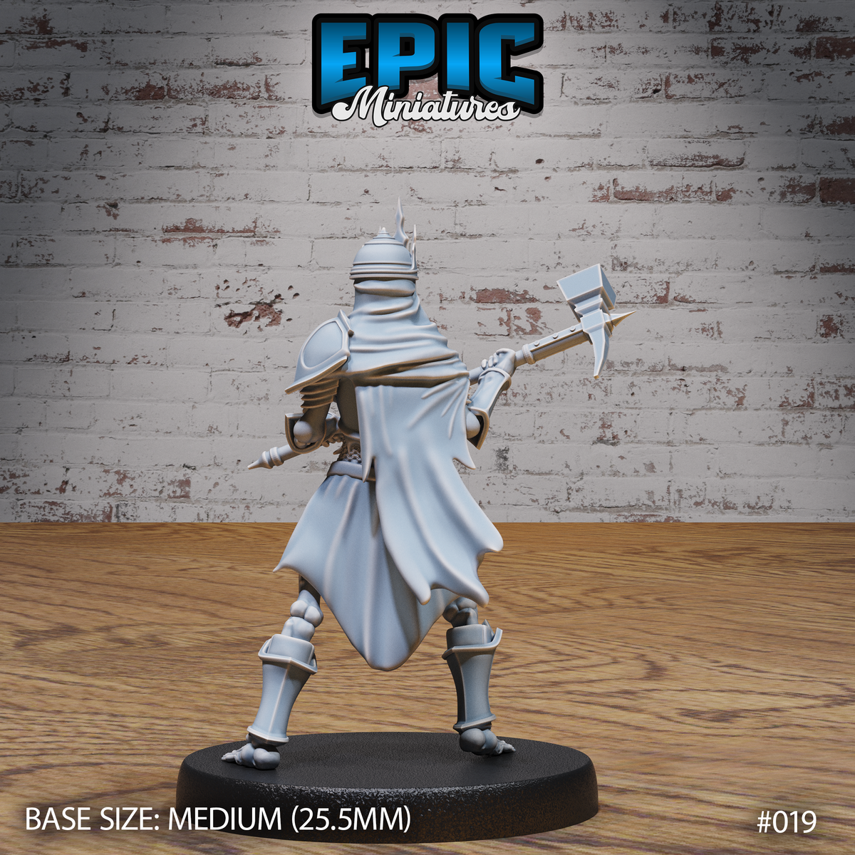 Skeleton warrior seen from behind, showing a sweeping ragged cloak, pauldrons, bare skeletal feet, and a great hammer-axe raised in the right hand, horned flame-crowned helm visible, sculpted by Epic Miniatures.