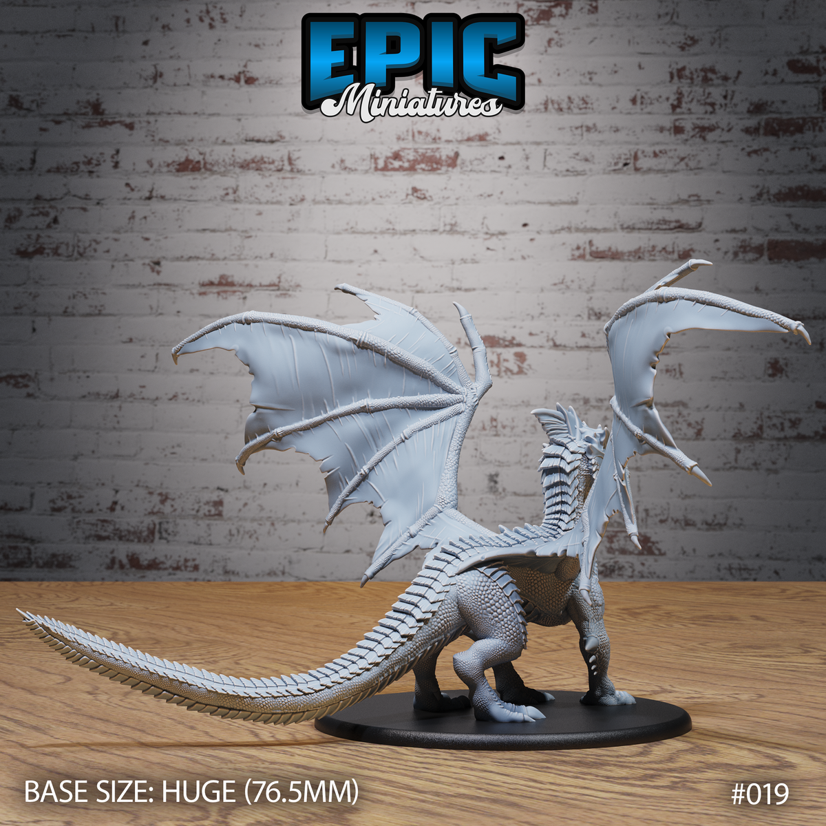 Adult white dragon miniature viewed from behind and above, wings fully extended showing detailed membrane and claw-tipped spars, scaled belly and ridged spine visible, long segmented tail extending forward. Sculpt by Epic Miniatures.