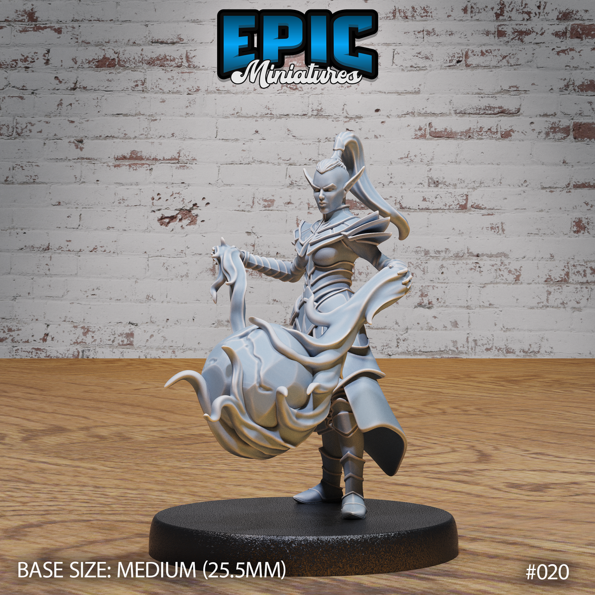 Armoured dark elf female soldier in a dynamic mid-stride pose, one leg raised, arm extended forward with fingers splayed, wearing segmented plate armour, tall crested helm, and a flowing coat with layered skirts. Sculpt by Epic Miniatures.