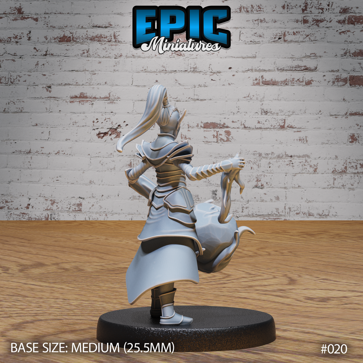 Rear view of an armoured dark elf female soldier, long hair trailing behind a tall crested helm, segmented back armour visible, one arm reaching back with clawed fingers, flowing coat and skirts in motion. Sculpt by Epic Miniatures.