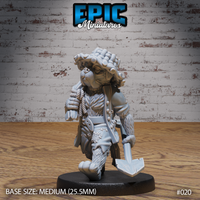 Stocky canine humanoid farmer facing forward, holding a hand axe at his side and a coil of rope over one shoulder, wearing a thick woven straw hat, shaggy fur coat, and patched trousers. Sculpt by Epic Miniatures.