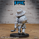 Canine humanoid farmer seen from behind, revealing a fishing net tucked into his belt, a detailed woven straw hat, shaggy fur covering his arms and legs, and worn patched clothing. Sculpt by Epic Miniatures.