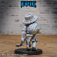Canine humanoid farmer seen from behind, revealing a fishing net tucked into his belt, a detailed woven straw hat, shaggy fur covering his arms and legs, and worn patched clothing. Sculpt by Epic Miniatures.