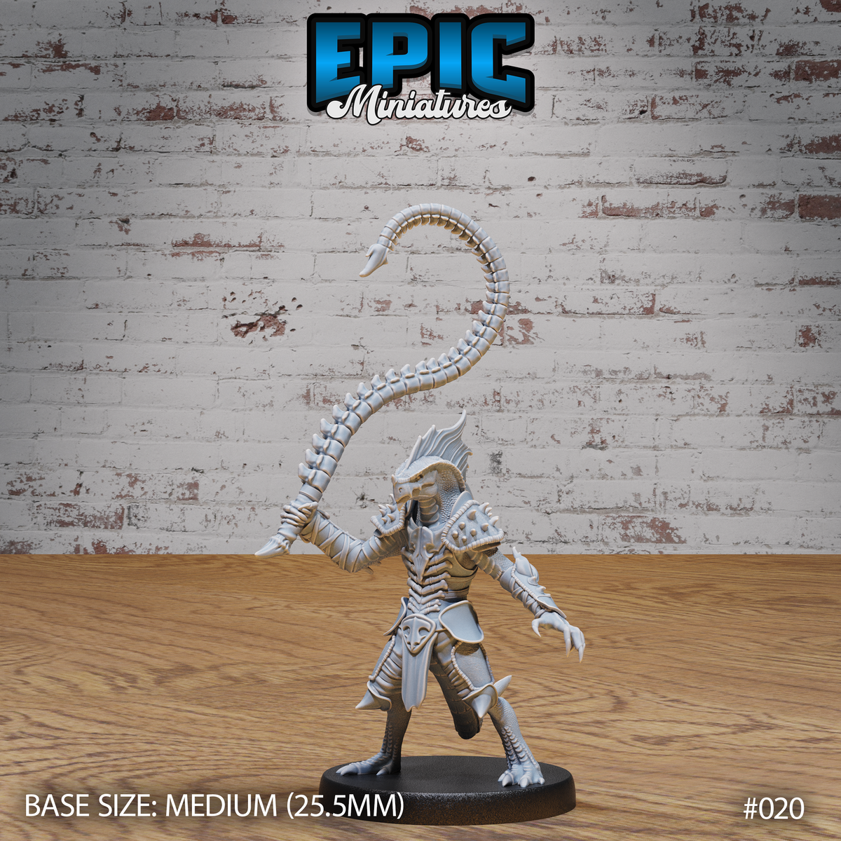 Lizardfolk warrior in scale armour and crested helmet, one arm raised gripping a long segmented tentacle whip that curves high overhead in a dramatic arc. Sculpt by Epic Miniatures.