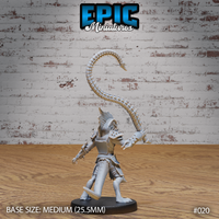 Lizardfolk warrior viewed from the side, showing layered scale armour, taloned feet, and a segmented whip weapon curling upward from the outstretched arm. Sculpt by Epic Miniatures.