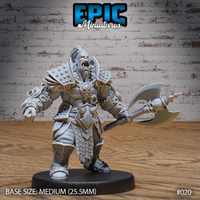 Snarling orc warrior in layered studded plate armour, wielding a wide-bladed battle axe with a skull-topped haft, tusks bared mid-roar. Sculpt by Epic Miniatures.