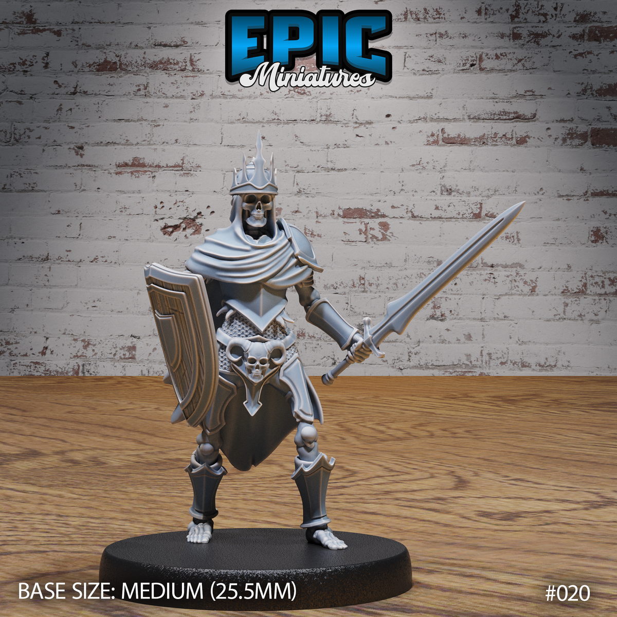 Armoured skeleton miniature standing with sword extended and heater shield raised, wearing a flame-tipped crown and flowing cloak, skull motifs on belt and shield, by Epic Miniatures.