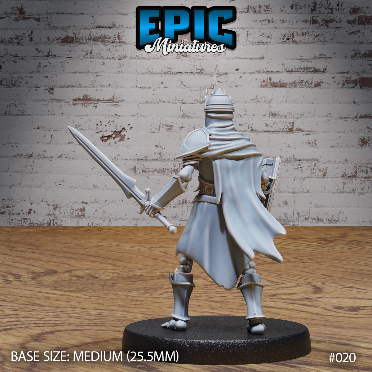 Skeleton warrior miniature seen from behind, showing a sweeping full-length cloak falling over plate armour, sword arm outstretched, flame-tipped crown visible above the skull, by Epic Miniatures.