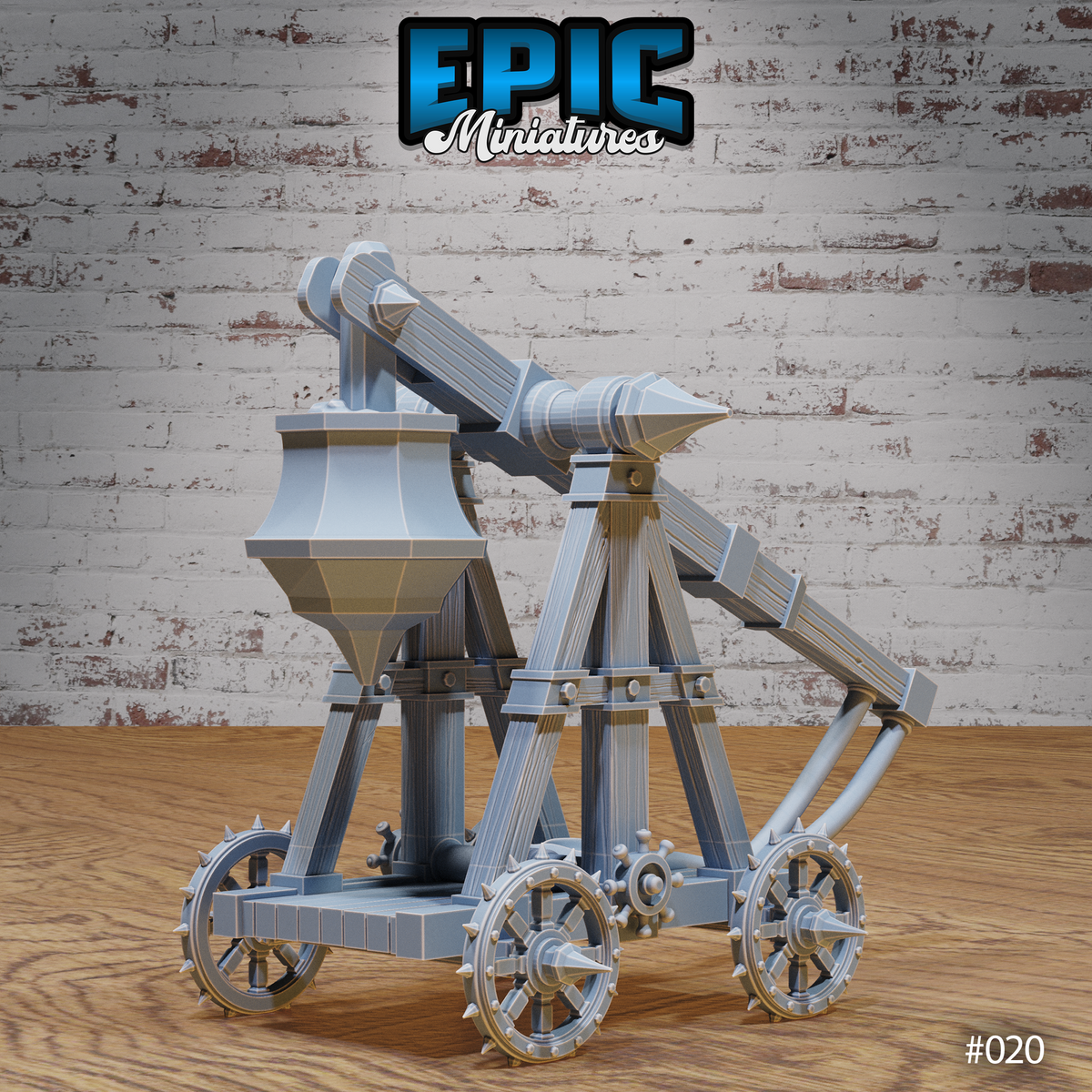 Trebuchet terrain model with spiked wheels, rotating throwing arm angled upward, hopper counterweight, and iron-bolted timber frame on a wheeled base. Sculpt by Epic Miniatures.