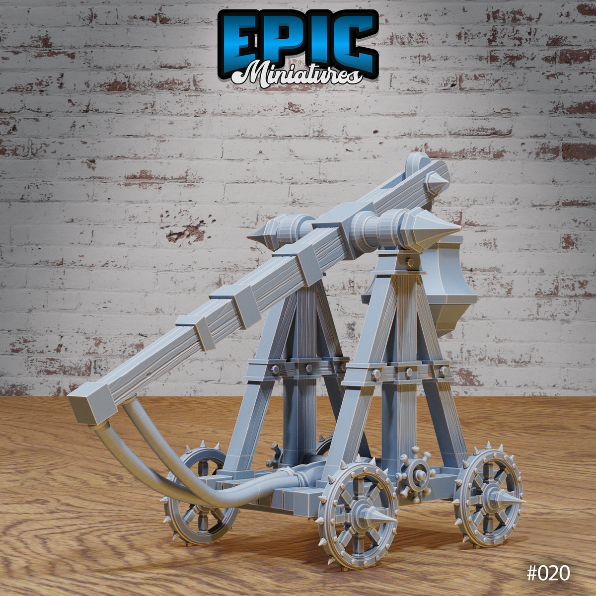 Trebuchet terrain model showing the throwing arm raised at a steep angle, torsion spring mechanism visible at the base, spiked wheels, and crossed timber support structure. Sculpt by Epic Miniatures.