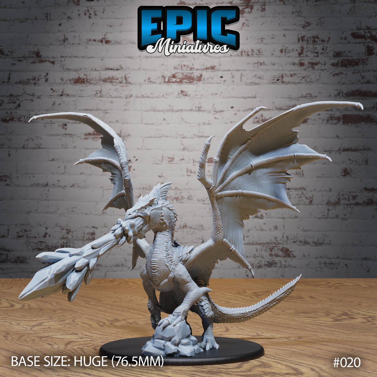 Adult white dragon miniature rearing on hind legs, jaws wide open releasing a large sculpted shard of icy breath, wings fully spread, on a rocky base. By Epic Miniatures.