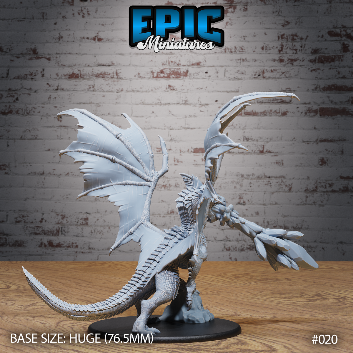 Adult white dragon miniature viewed from the left, showing fully extended wing membrane with detailed bone spars, arching tail, and heavily scaled back and haunches. By Epic Miniatures.