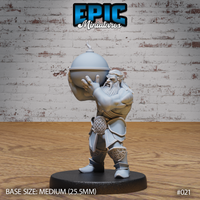 Stocky dwarf miniature gripping a large domed cannonball at chest height, wearing armoured greaves with Celtic knotwork, bare-armed torso, long braided hair, intense expression. Sculpt by Epic Miniatures.