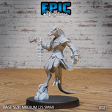 Lizardfolk warrior in layered plate armour, holding a jagged serrated dagger axe raised in one clawed hand, crested reptilian head, long tail, standing on a small rocky base. Sculpt by Epic Miniatures.