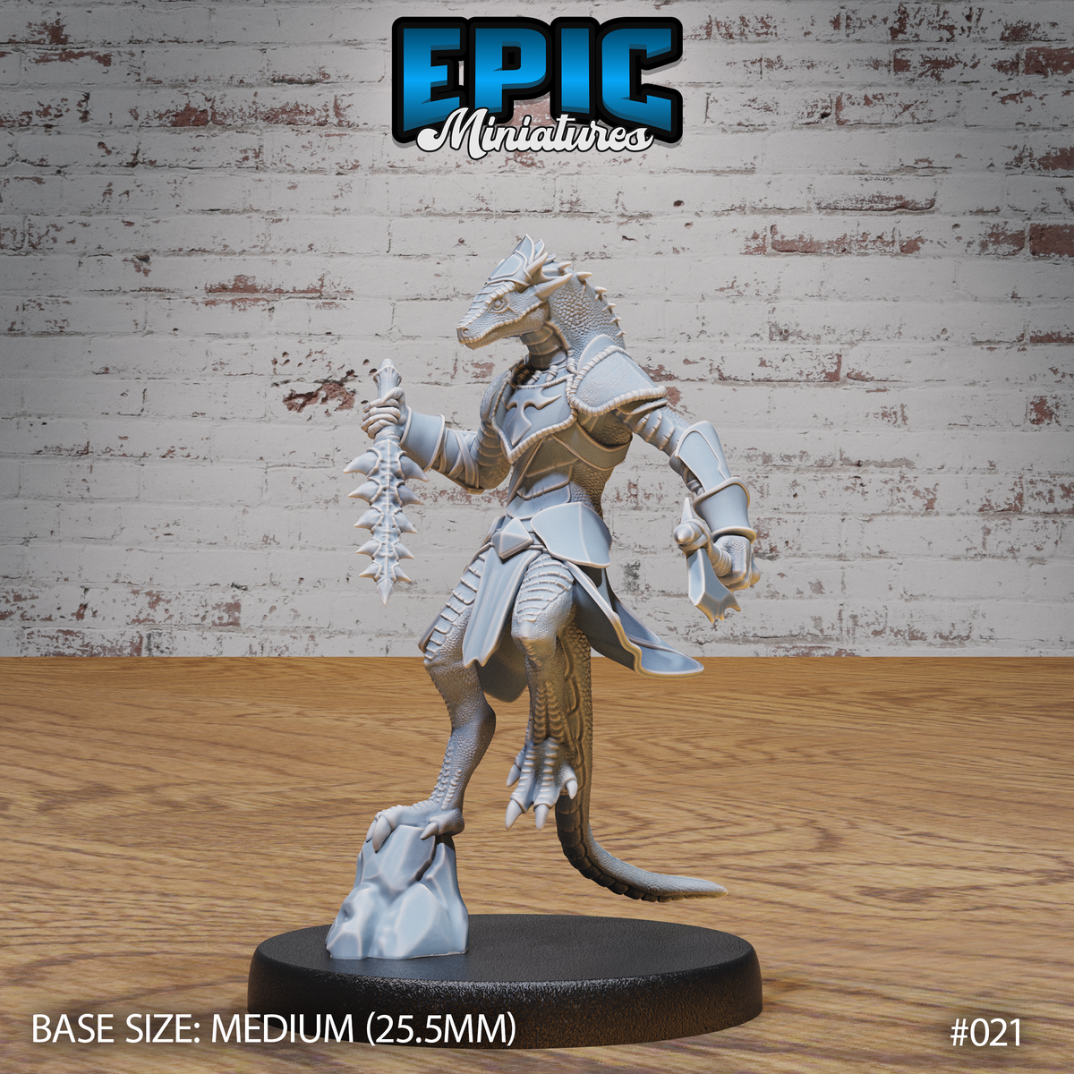 Lizardfolk warrior in layered plate armour, holding a jagged serrated dagger axe raised in one clawed hand, crested reptilian head, long tail, standing on a small rocky base. Sculpt by Epic Miniatures.