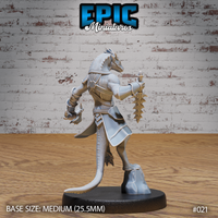 Lizardfolk warrior seen from behind, showing scaled back and tail, plate armour panels across shoulders and waist, serrated dagger axe visible in raised hand, rocky base underfoot. Sculpt by Epic Miniatures.