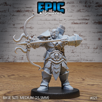 Heavily built orc drawing a bone-decorated longbow at full draw, wearing skull-buckled leather armour and battered pauldrons, arrow quiver on back. Sculpt by Epic Miniatures.