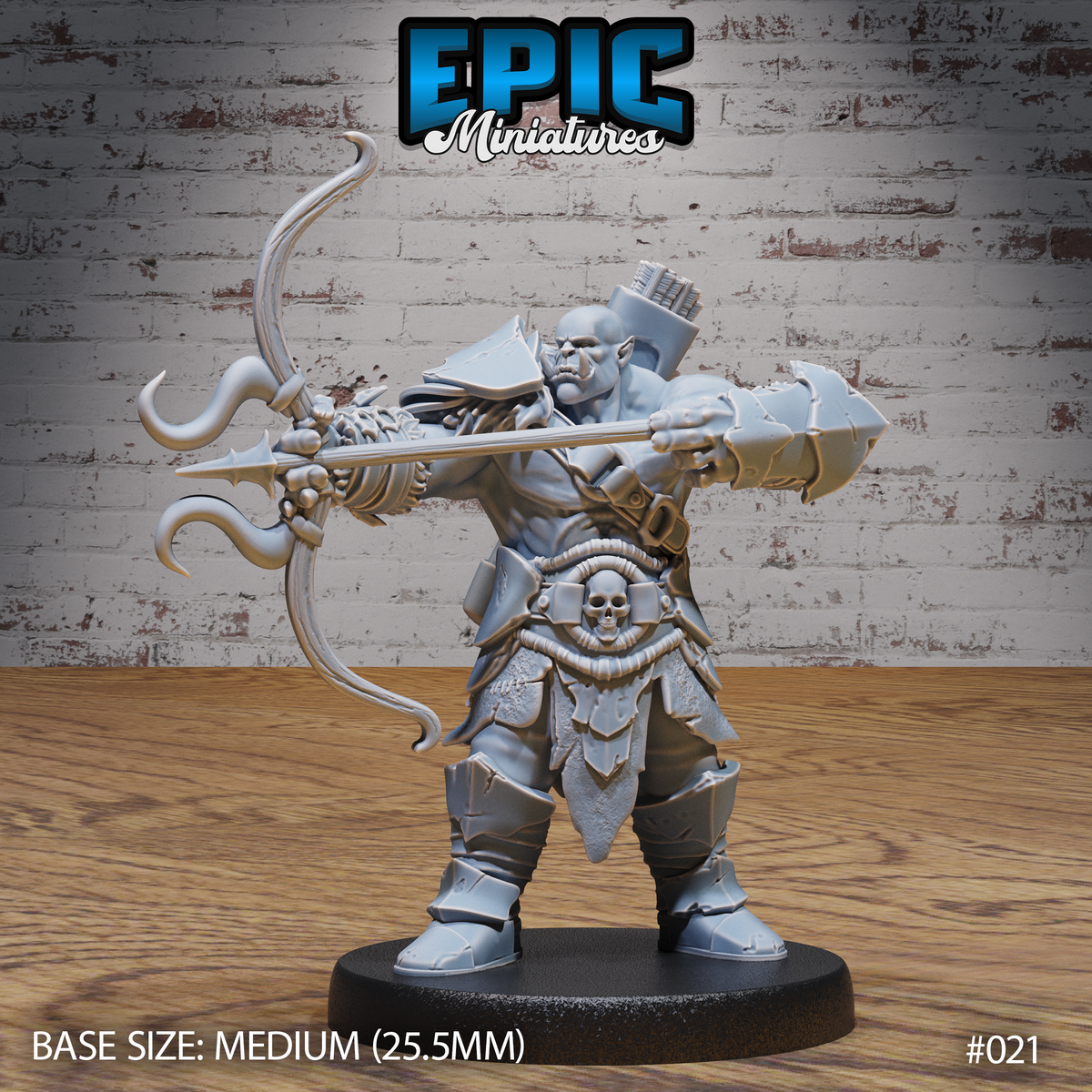 Heavily built orc drawing a bone-decorated longbow at full draw, wearing skull-buckled leather armour and battered pauldrons, arrow quiver on back. Sculpt by Epic Miniatures.