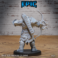 Orc archer seen from behind, broad back muscles visible, large stitched hide quiver packed with arrows, bone-carved longbow visible at side. Sculpt by Epic Miniatures.