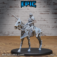 Skeletal crowned rider in plate armour wielding a longsword, mounted on a skeletal warhorse with exposed ribcage and bladed skull crest, on a large oval base. Sculpt by Epic Miniatures.