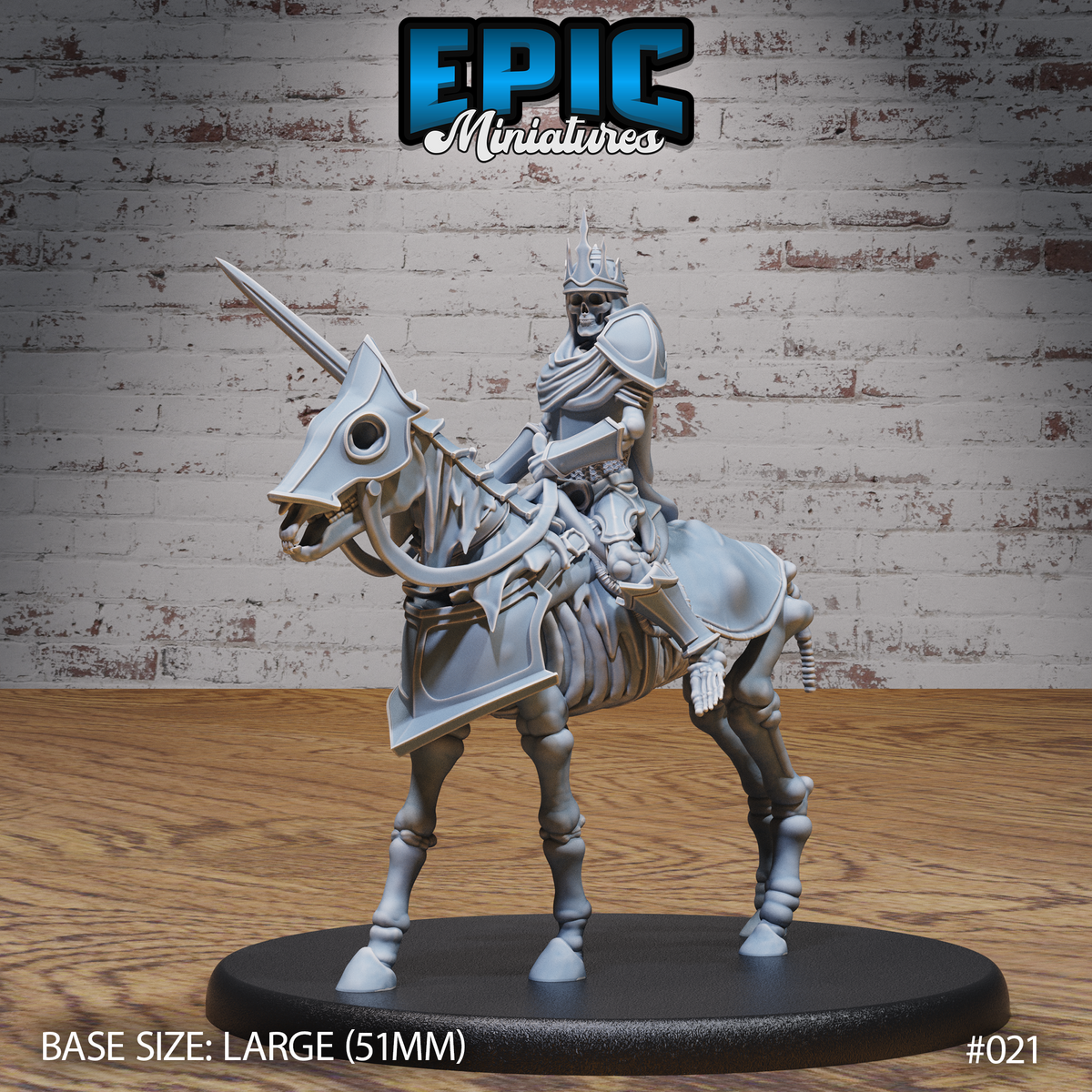 Skeletal crowned rider in plate armour wielding a longsword, mounted on a skeletal warhorse with exposed ribcage and bladed skull crest, on a large oval base. Sculpt by Epic Miniatures.