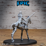 Skeletal armoured king on a skeletal horse viewed from behind, showing a tattered cloak, exposed spinal column on the mount, and a raised longsword. Sculpt by Epic Miniatures.