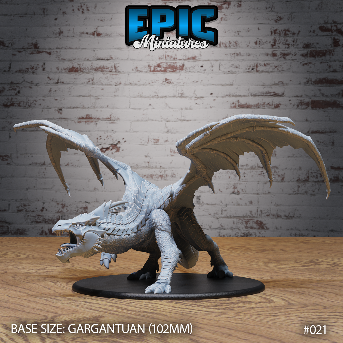 Gargantuan white dragon miniature, jaws open wide, wings spread and raised overhead, low lunging stance, heavily scaled back and neck, clawed feet gripping an oval base. Sculpt by Epic Miniatures.