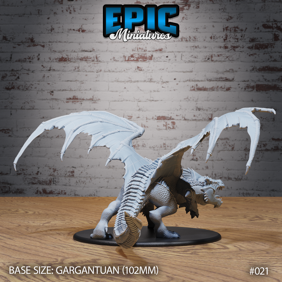White dragon miniature seen from the rear, long ridged tail curling round, broad membranous wings extended outward, layered dorsal scales visible along spine, head turned low with open jaws. Sculpt by Epic Miniatures.