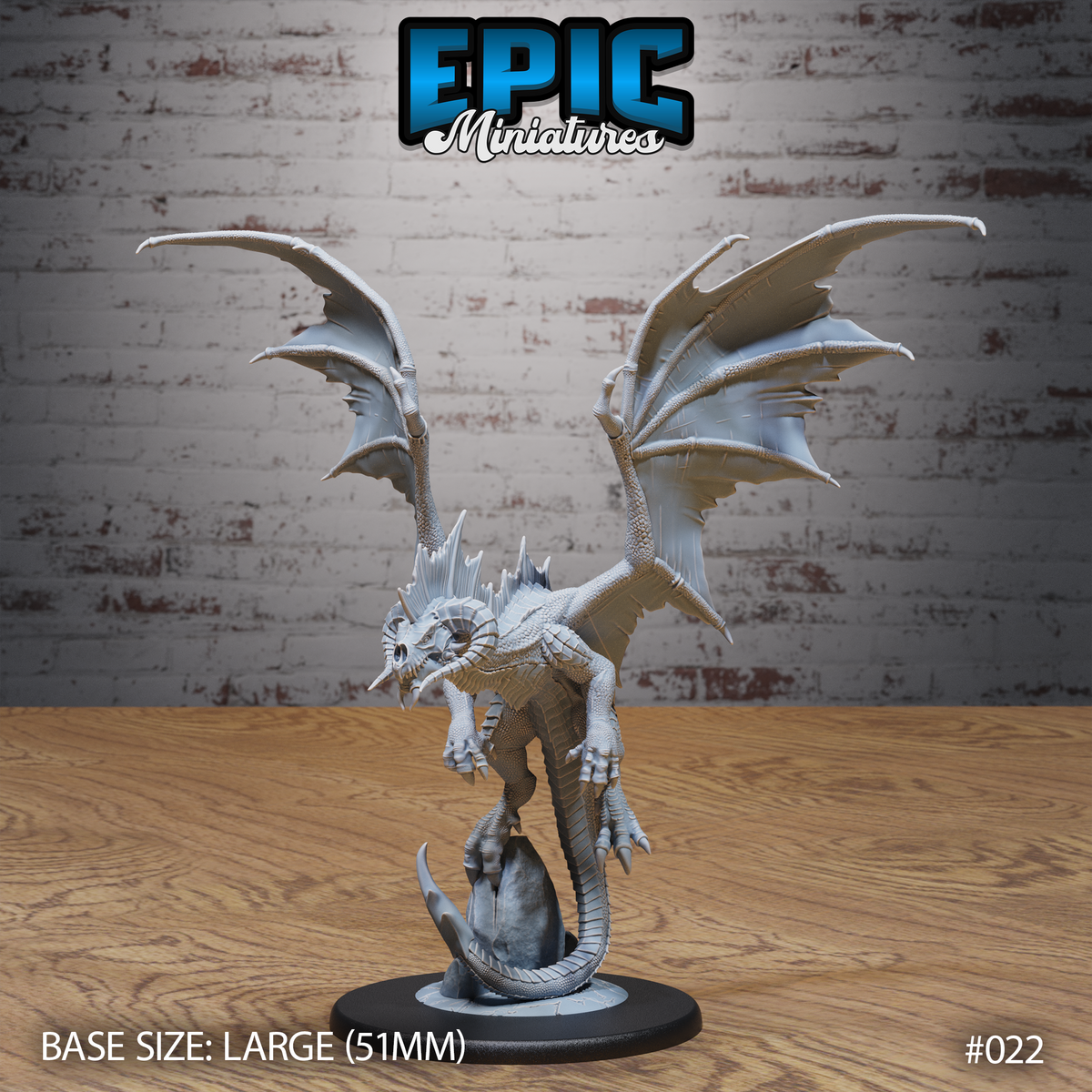 Young black dragon rearing upright on a rocky outcrop, wings fully spread overhead, claws flexed and tail curling beneath the body. Ridged spines crown the skull and neck. Sculpt by Epic Miniatures.