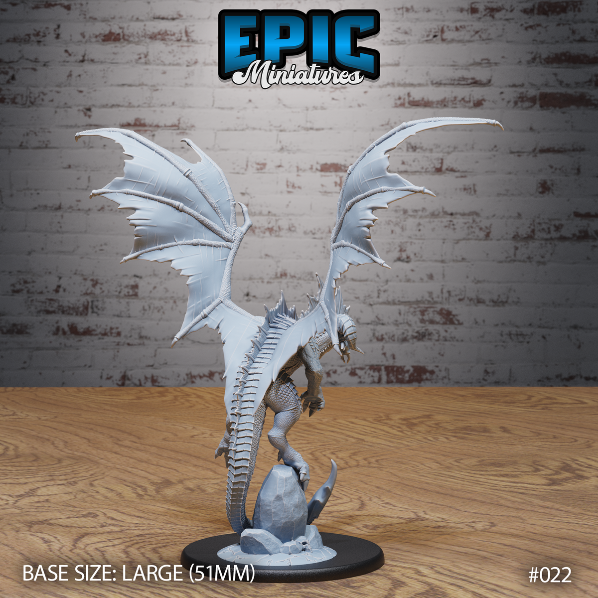 Young black dragon viewed from behind, displaying the full span of veined, bony-strutted wings and a long ridged spine running the length of the back to the curling tail. Rocky base. Sculpt by Epic Miniatures.