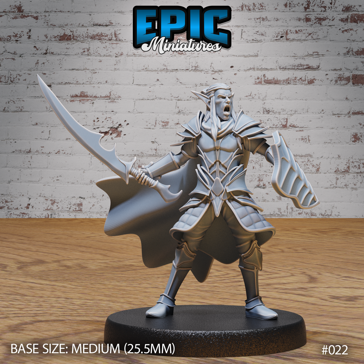 Snarling dark elf warrior in spiked angular plate armour, mouth open in a battle cry, wielding a large curved blade in one hand with a billowing cloak sweeping behind him. Sculpt by Epic Miniatures.