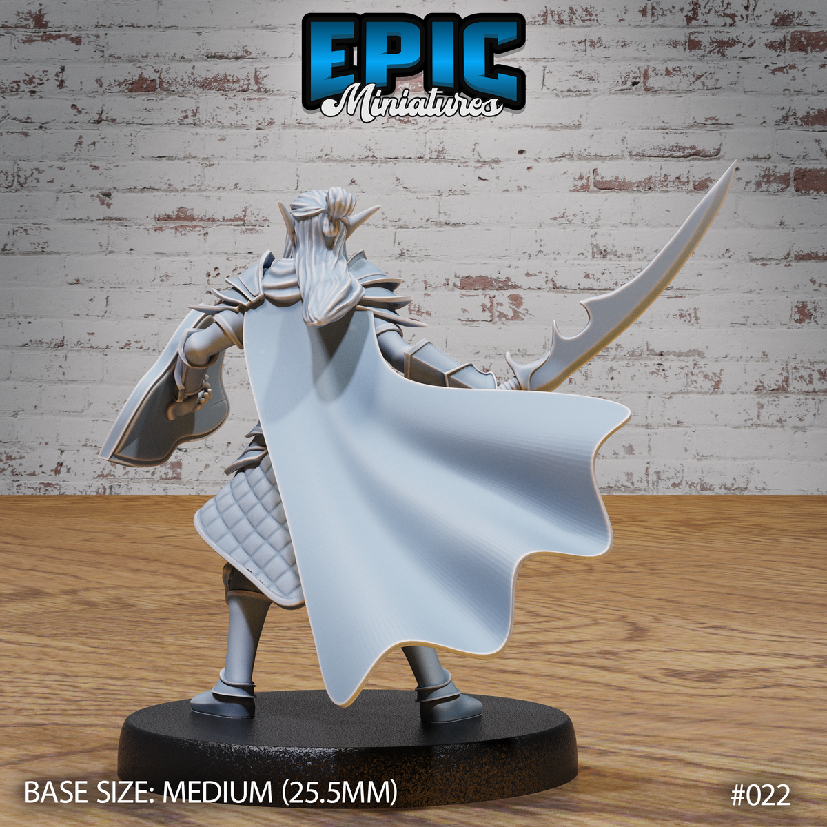 Dark elf knight seen from behind, showing a long flowing cloak and layered spiked pauldrons, curved blade raised to one side, hair tied back, striding forward on a plain round base. Sculpt by Epic Miniatures.