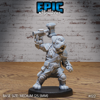 Stocky dogfolk warrior in a wide combat stance, snarling jaws open, hoisting a square-headed warhammer onto one shoulder with one hand, opposite fist balled. Wears a riveted helmet, crossbody harness, buckled straps, knee guards, and a utility belt. Epic Miniatures sculpt on a round black base.