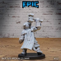Same dogfolk warrior viewed from behind and slightly to the side, revealing a long stitched travelling coat draped from the back, crosshatch-hemmed, and a cylindrical hip flask or canteen at the belt. The warhammer is raised high. Bare feet visible beneath armoured greaves. Epic Miniatures sculpt on a round black base.
