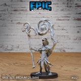 Lizardfolk mage in articulated plate armour, thrusting a staff forward with one claw while the other hand raises aloft a vast swirling arcane vortex. Mouth open in a hiss. Sculpt by Epic Miniatures.