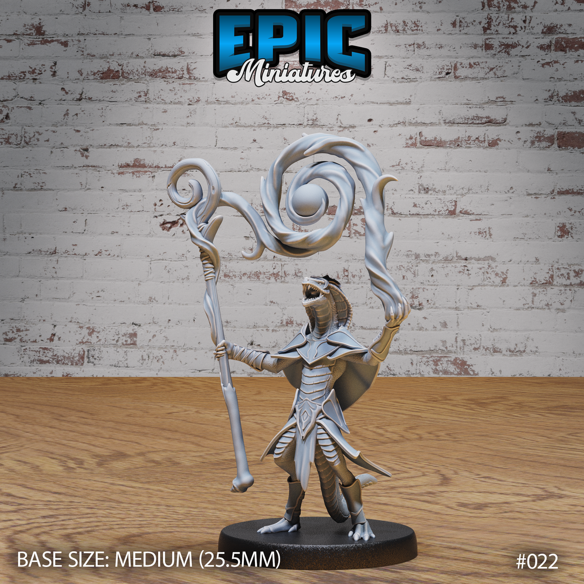 Lizardfolk mage in articulated plate armour, thrusting a staff forward with one claw while the other hand raises aloft a vast swirling arcane vortex. Mouth open in a hiss. Sculpt by Epic Miniatures.