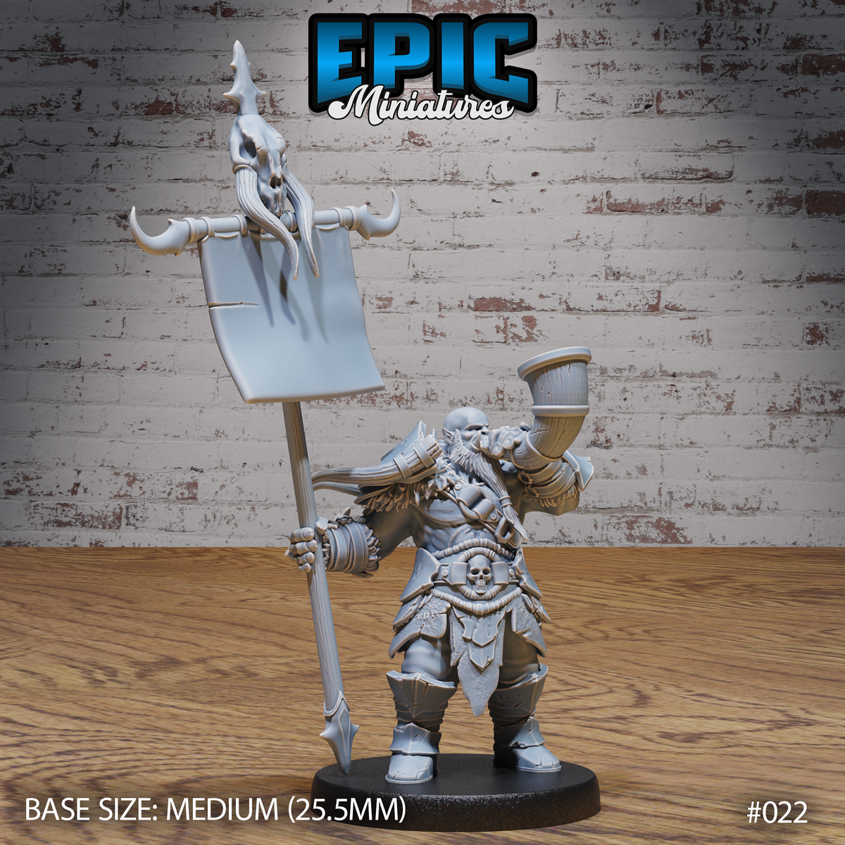 Stocky orc bannerman gripping a tall war standard topped with a horned beast skull, raising a drinking horn, wearing layered leather and plate armour with a skull belt-clasp. Sculpt by Epic Miniatures.