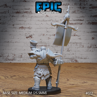 Orc bannerman seen from behind, broad-shouldered with a shaved head and braided beard, clutching a tattered banner on a knotwork-wrapped pole, fur-trimmed tassets visible. Sculpt by Epic Miniatures.