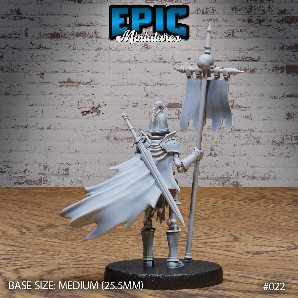 Armoured skeleton viewed from behind, gripping a tall banner pole topped with a spiked finial and globe ornament, a long tattered banner hanging from the crossbar, flowing battle cape spread wide. Sculpt by Epic Miniatures.