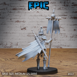 Armoured skeleton viewed from behind, gripping a tall banner pole topped with a spiked finial and globe ornament, a long tattered banner hanging from the crossbar, flowing battle cape spread wide. Sculpt by Epic Miniatures.