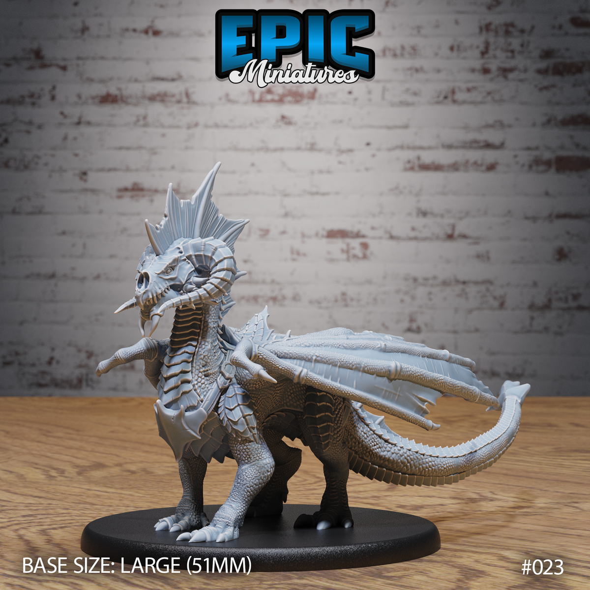 Young black dragon miniature standing on four legs, wings half-spread, long jaw open showing rows of needle teeth, tall fin crest rising from the skull, textured scales across body and tail. Sculpt by Epic Miniatures.