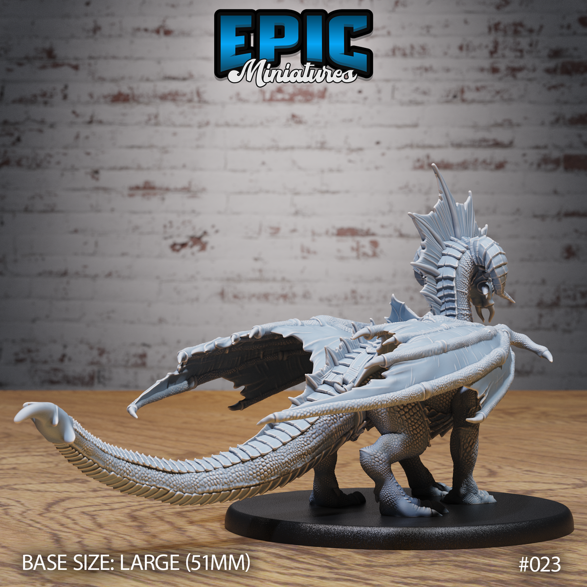 Young black dragon miniature viewed from behind and above, broad wings fully extended, long segmented tail sweeping outward, bony spine crest prominent along the neck and back, clawed feet gripping a plain round base. Sculpt by Epic Miniatures.