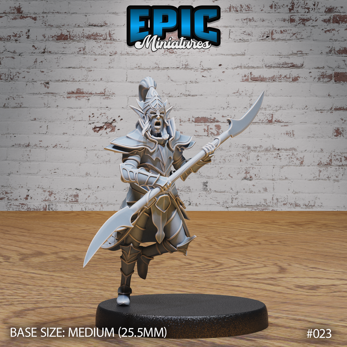 Dark elf warrior lunging forward, mouth open in a war cry, gripping a double-sided glaive-spear across the body. Angular layered plate armour with a crested helm. Sculpt by Epic Miniatures.