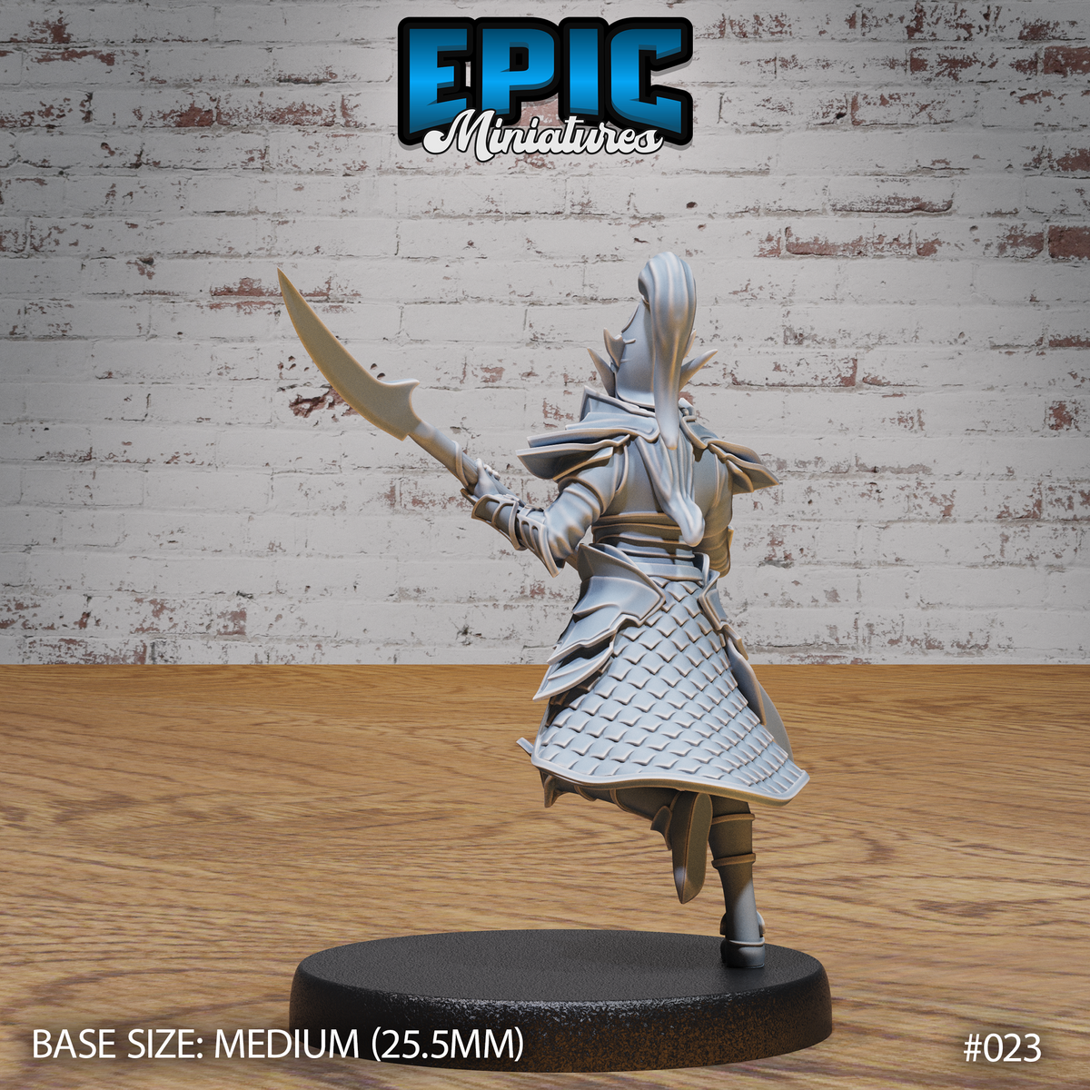 Dark elf warrior seen from behind, one leg raised mid-stride, long pale hair falling loose. Scaled kilt, plated backplate, and one curved glaive blade raised overhead. Sculpt by Epic Miniatures.