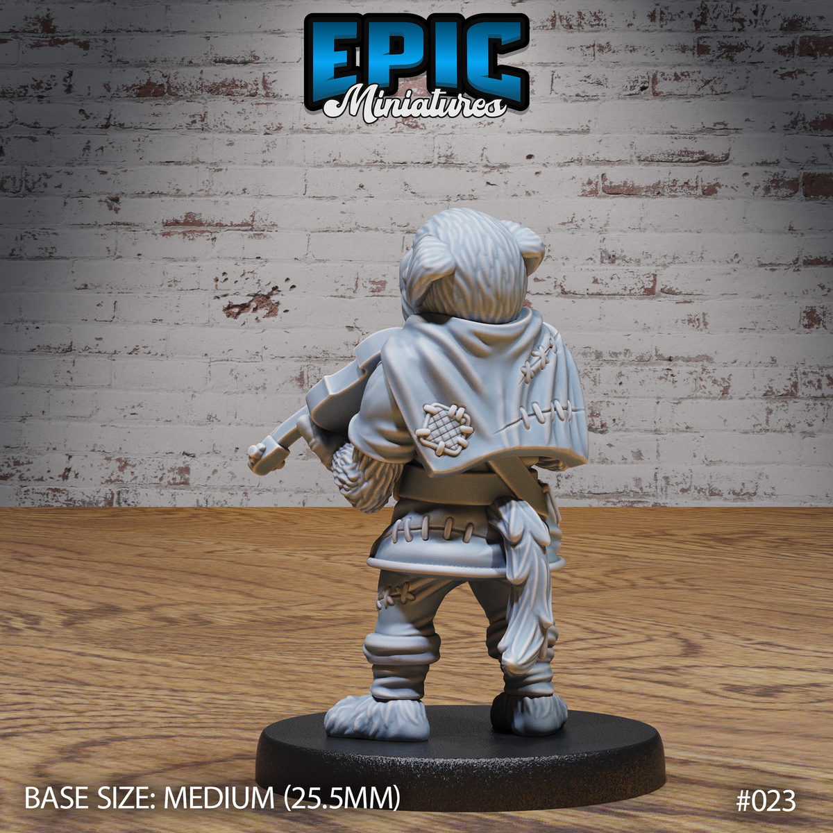 Dogfolk bard from behind, showing a stitched travel cape with a knotwork patch, braided tail, and belted trousers with laced detailing. Sculpt by Epic Miniatures.