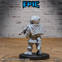 Dogfolk bard from behind, showing a stitched travel cape with a knotwork patch, braided tail, and belted trousers with laced detailing. Sculpt by Epic Miniatures.