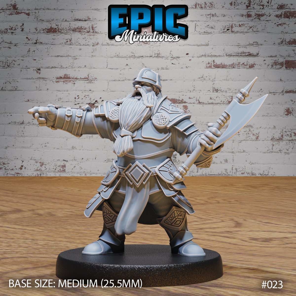 Stocky dwarf commander facing forward, left fist raised and pointing outward, right hand gripping a long-hafted battle-axe. Plate armour with Celtic knotwork pauldrons, quilted skirting, nasal helmet, and full white beard. Plain oval base. Sculpt by Epic Miniatures.