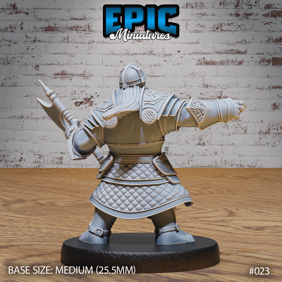 Same dwarf commander seen from behind, battle-axe raised in right hand with spike tip prominent, left arm outstretched in a commanding point. Celtic knotwork across shoulder rounds visible, quilted gambeson and segmented vambraces detailed at the rear. Sculpt by Epic Miniatures.