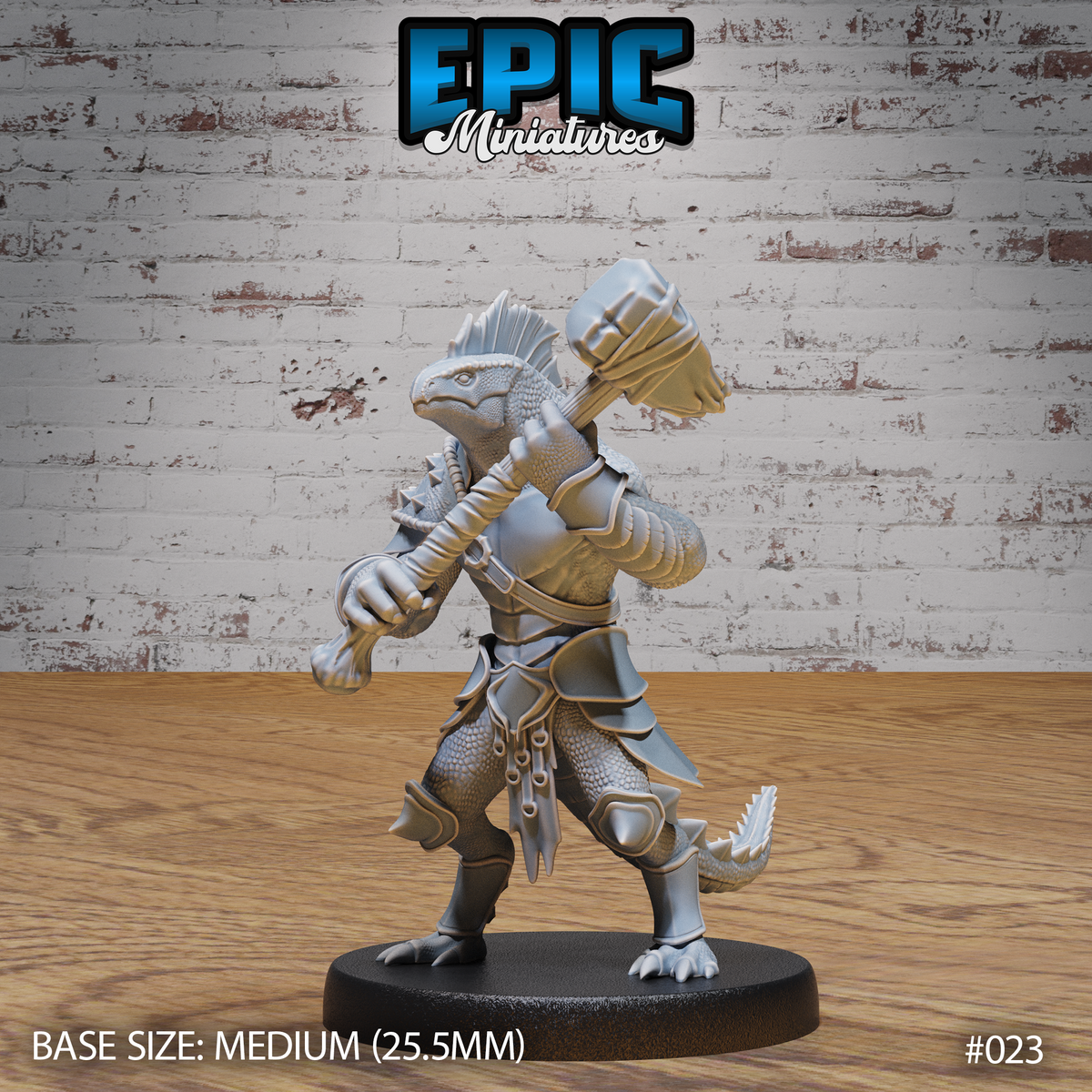 Lizardfolk warrior in scaled armour and dorsal crest, raising a cord-wrapped hammer overhead with both hands, clawed feet planted wide. Sculpt by Epic Miniatures.