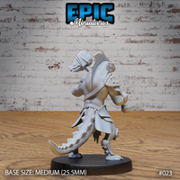 Lizardfolk warrior viewed from behind, showing serrated tail sweeping low, scaled back, cord-bound torso armour, and hammer raised high above the shoulder. Sculpt by Epic Miniatures.